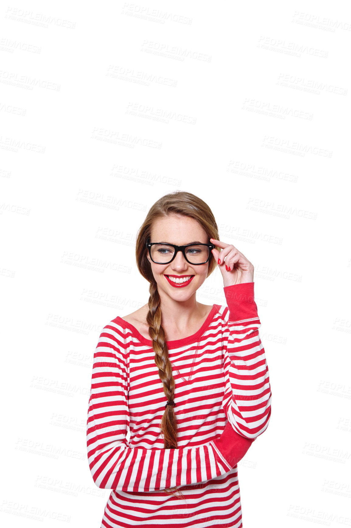 Buy stock photo Studio portrait of an attractive young woman in glasses isolated on white