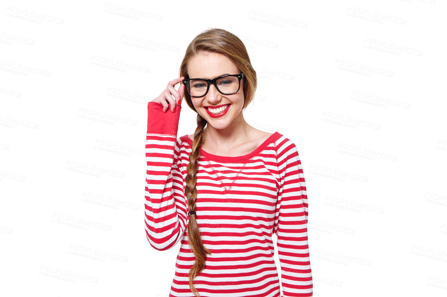 Buy stock photo Studio portrait of an attractive young woman in glasses isolated on white