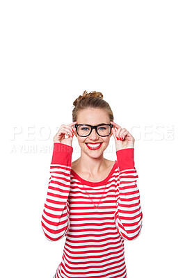 Buy stock photo Studio portrait of an attractive young woman in glasses isolated on white