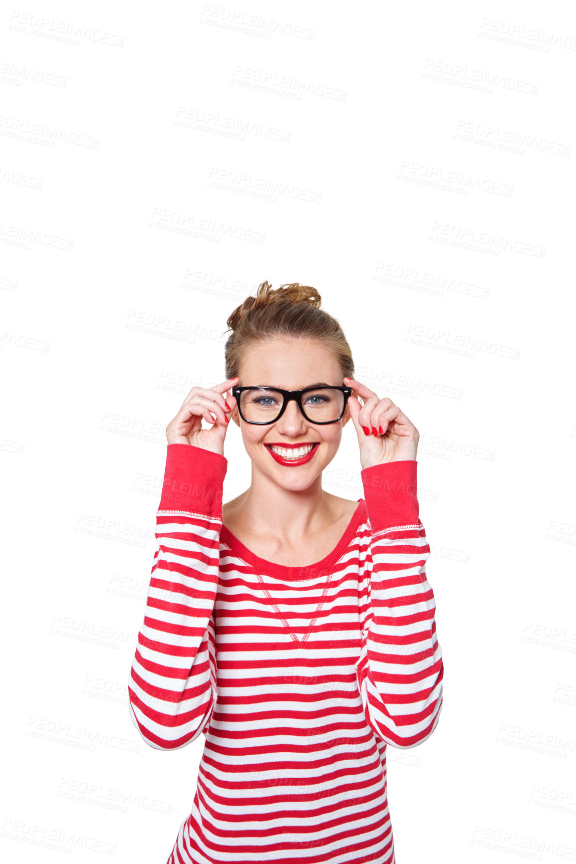 Buy stock photo Studio portrait of an attractive young woman in glasses isolated on white