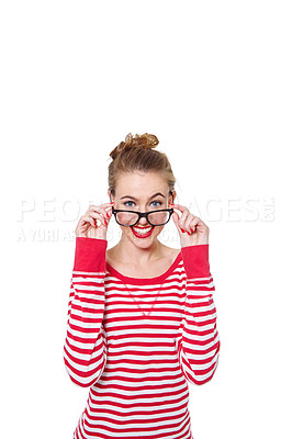 Buy stock photo Studio portrait of an attractive young woman in glasses isolated on white