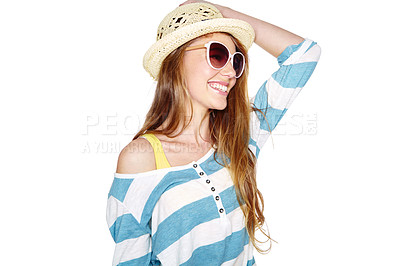 Buy stock photo Studio shot of a young woman dressed for summer isolated on white