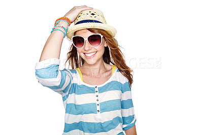 Buy stock photo Studio shot of a young woman dressed for summer isolated on white