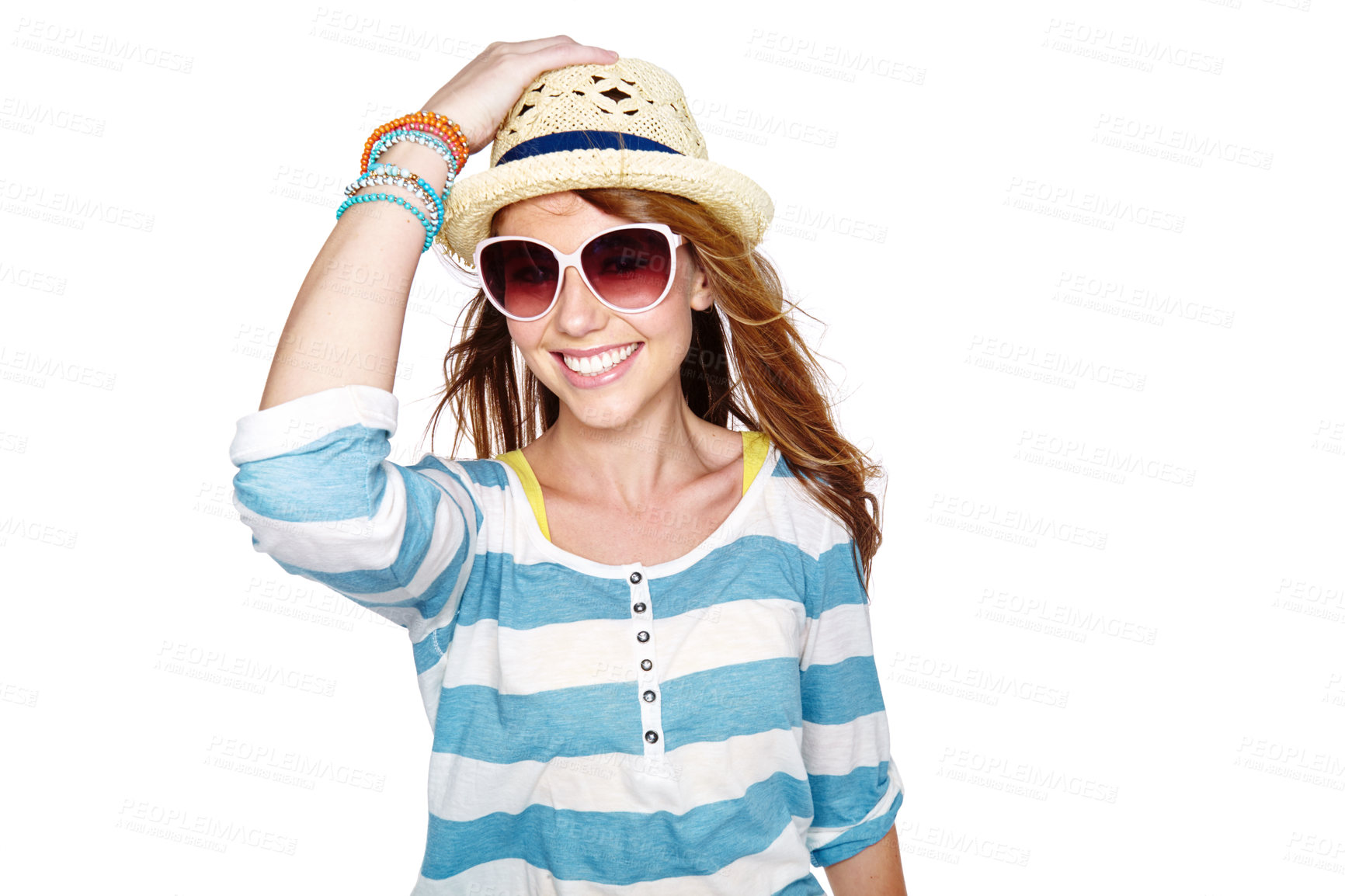 Buy stock photo Studio shot of a young woman dressed for summer isolated on white