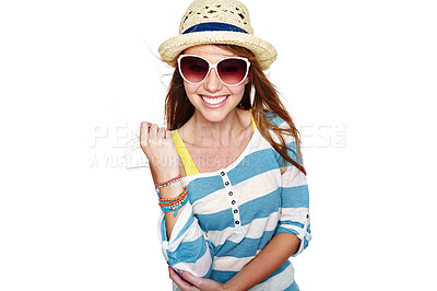 Buy stock photo Studio shot of a young woman dressed for summer isolated on white