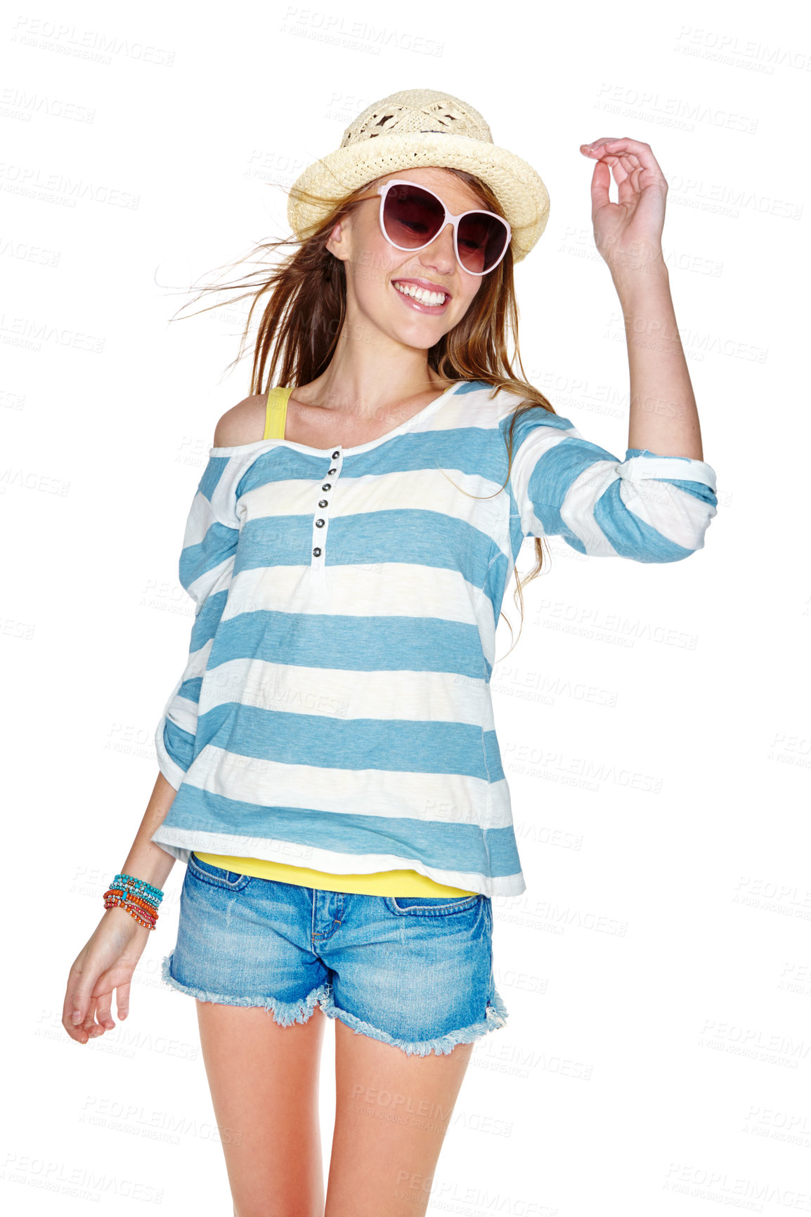 Buy stock photo Studio shot of a young woman dressed for summer isolated on white