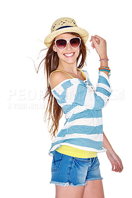 Buy stock photo Studio shot of a young woman dressed for summer isolated on white