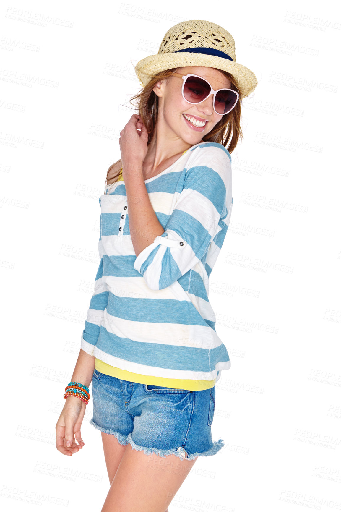 Buy stock photo Studio shot of a young woman dressed for summer isolated on white