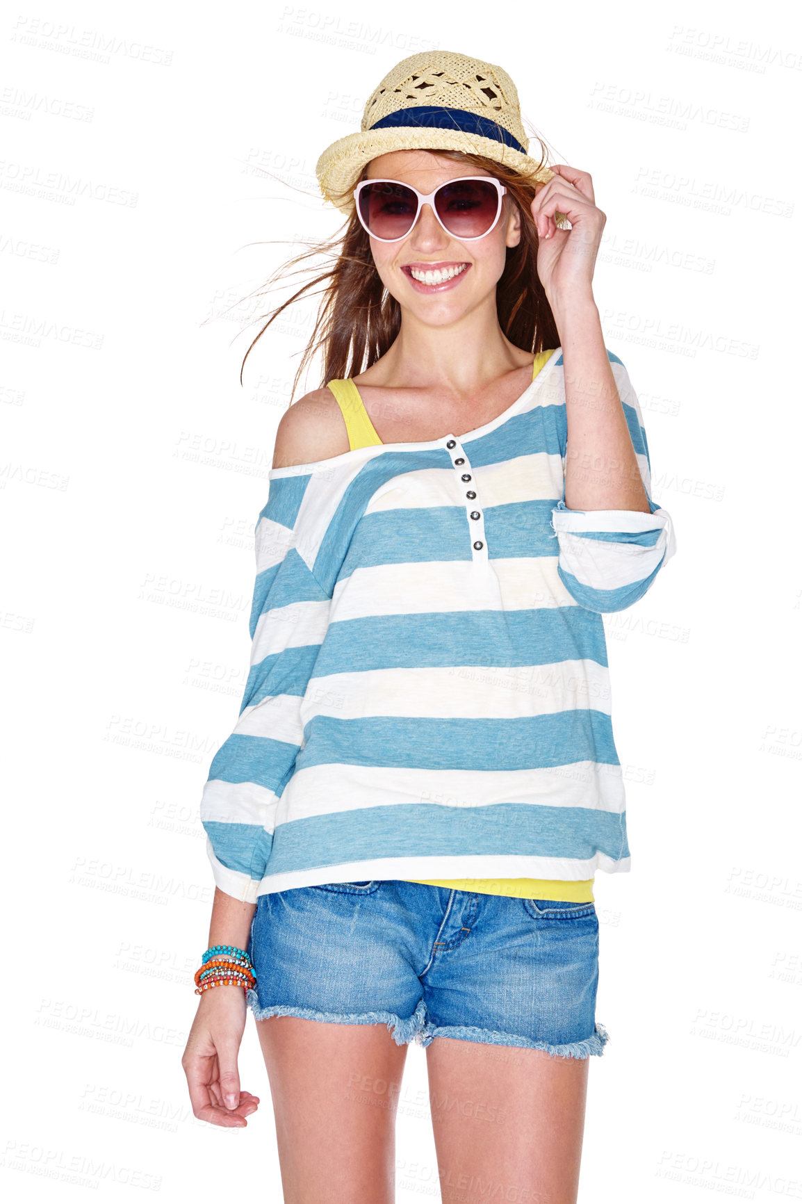 Buy stock photo Studio shot of a young woman dressed for summer isolated on white