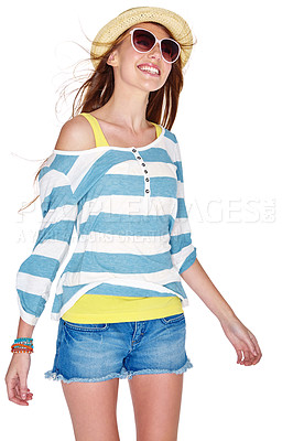 Buy stock photo Studio shot of a young woman dressed for summer isolated on white