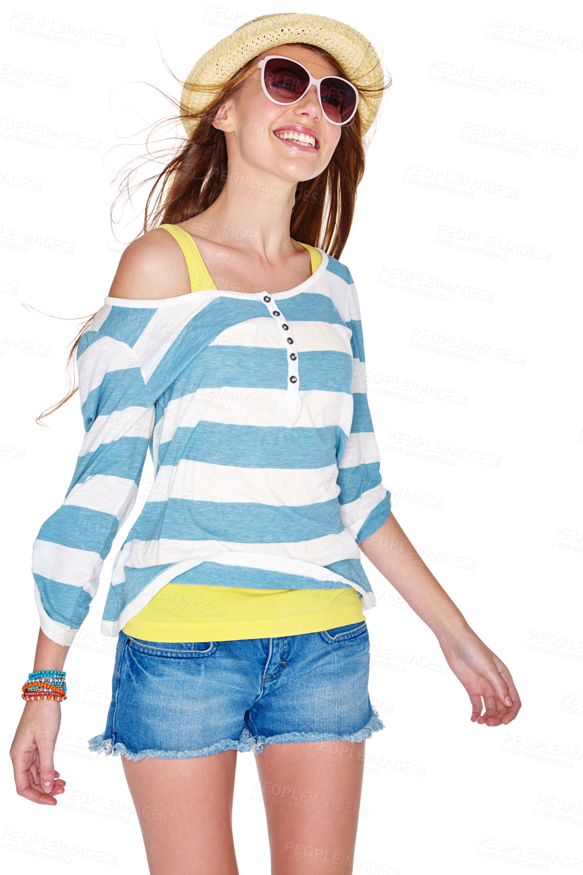 Buy stock photo Studio shot of a young woman dressed for summer isolated on white