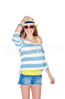 Buy stock photo Studio shot of a young woman dressed for summer isolated on white