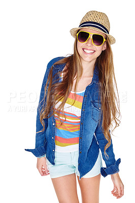 Buy stock photo Studio shot of a young woman dressed for summer isolated on white