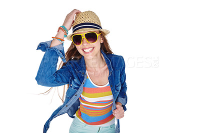 Buy stock photo Studio shot of a young woman dressed for summer isolated on white