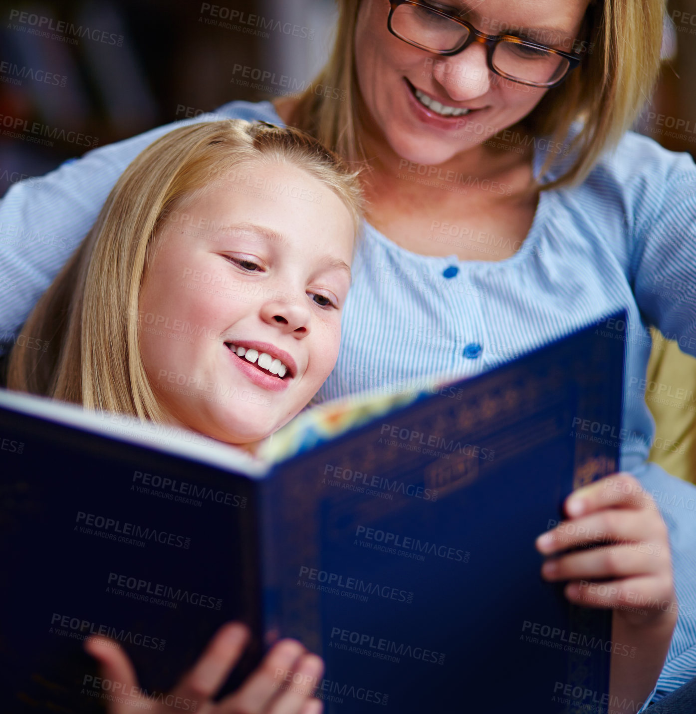 Buy stock photo Reading, books and mother with girl in library with smile, help learning and relax with study knowledge. Storytelling, happy mom and child in bookstore together with story, fantasy and education.