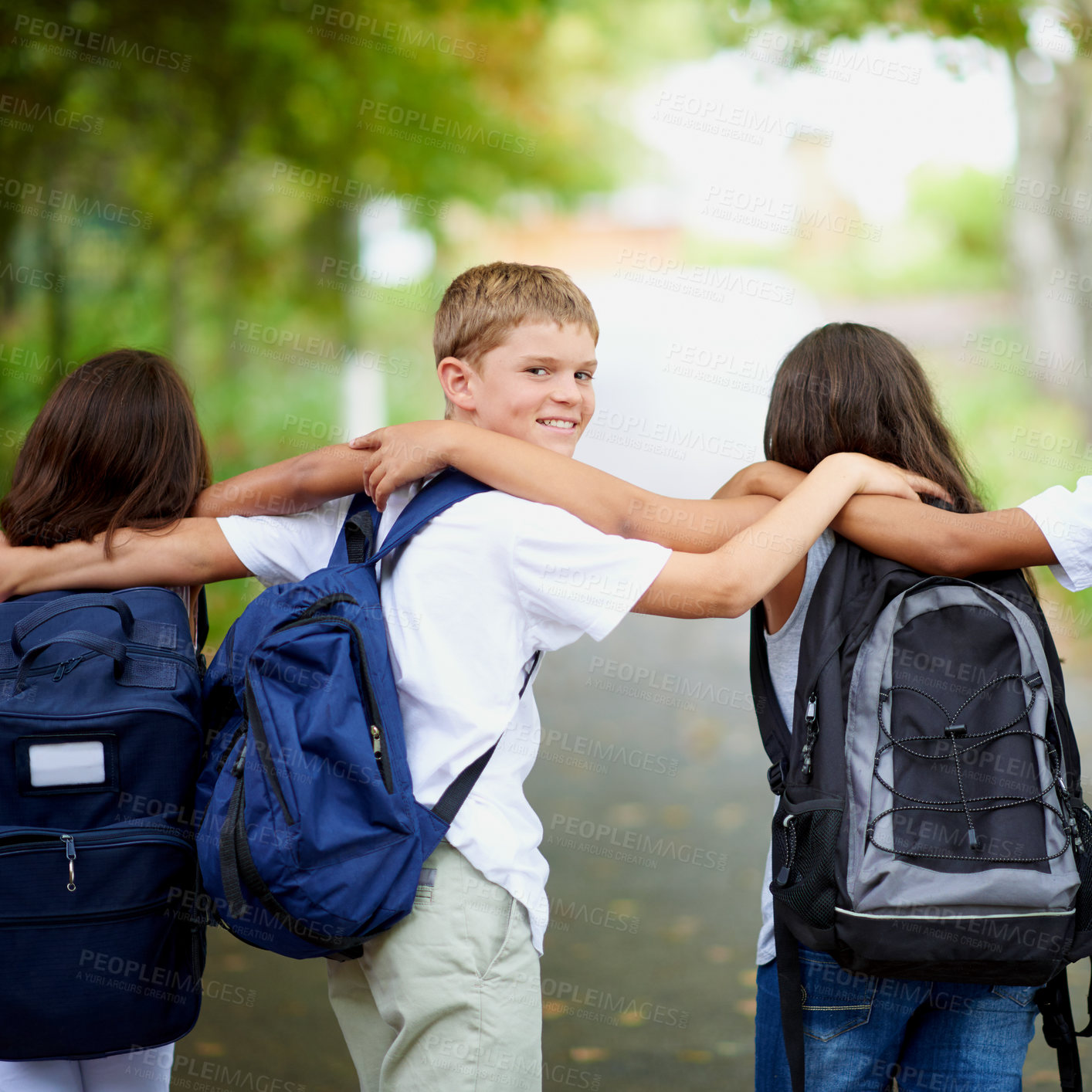 Buy stock photo Student, smile and portrait in park with bonding, preparation and wellness with collaboration in city. Boy, face and friends with backpacks, care and happy together for back to school in urban town