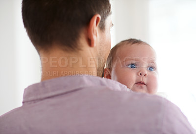 Buy stock photo Family, baby and dad back at home with love, support and care together with parent and bonding. Relax, father and happy in a house with hug of a calm infant with childcare and smile with a young girl