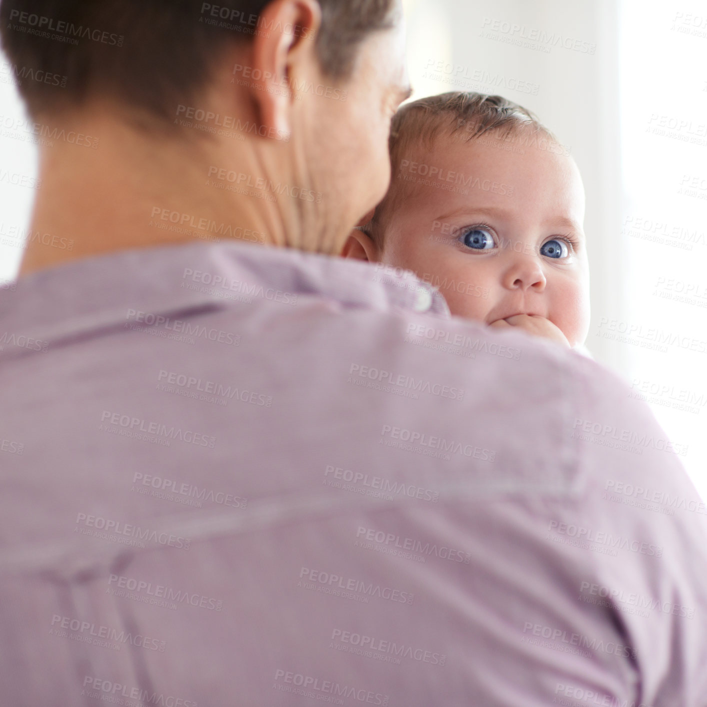 Buy stock photo Family, baby and face with dad in home with love, support and care together with parent and bonding. Relax, father and happy in a house with hug of calm infant with childcare and thinking with youth