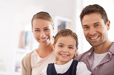 Buy stock photo Portrait, family and happy child with parents in house for bonding, love and relax together. Face, mother and father with kid in living room for relationship and care of girl for connection in home