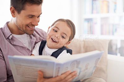 Buy stock photo Father, kid and reading book for fairytale, happy with bonding at home and knowledge for education. Man, young girl and story time for fantasy and learning with love and care together in lounge