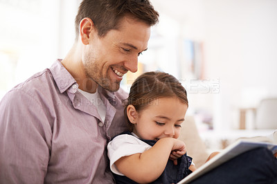 Buy stock photo Father, child with book for reading and storytelling, happy with bonding at home and knowledge for education. Man, young girl and story time for fantasy and learn, love and care together in lounge