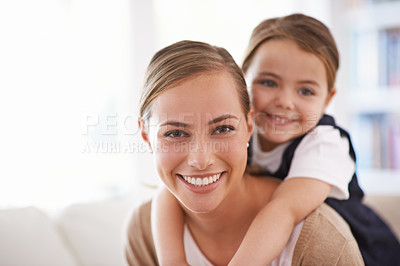 Buy stock photo Mother, child and piggyback in portrait with games in family home, love and bonding with smile while playing. Playful woman, young girl and happy in living room with fun time together for childhood