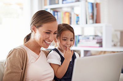 Buy stock photo Laptop, education or elearning with woman and girl child on sofa in living room of home to study together. School, remote class or homework with single mother and daughter in apartment for growth