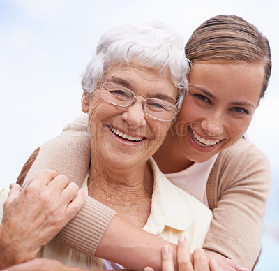 Buy stock photo Hug, happy and portrait of senior mother with daughter embrace for bonding, relationship and love. Family, retirement and face of elderly parent with woman for care, affection and relaxing outdoors