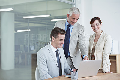 Buy stock photo Laptop, meeting and business people in office for research on corporate legal project in collaboration. Team, technology and group of attorneys work on law case with computer in workplace boardroom.