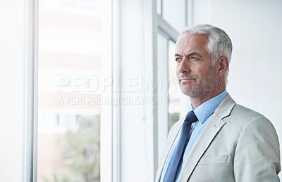 Buy stock photo Mature, man and thinking about future of business at window, planning an idea for office. Professional, mindset and businessman remember a dream for company and consider decision, choice or solution