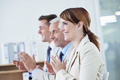 Buy stock photo Business people, applause and support with praise and audience, presentation or seminar for reward or winner. Clapping hands, congratulations and team pride, workshop in conference room and success