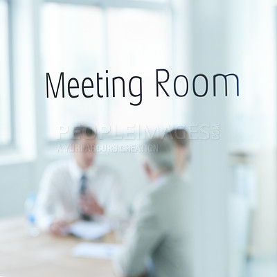 Buy stock photo Business people, glass and meeting room sign for boardroom planning, collaboration or teamwork. Group, blurry or employees with strategy for discussion, conversation or brainstorming at workplace