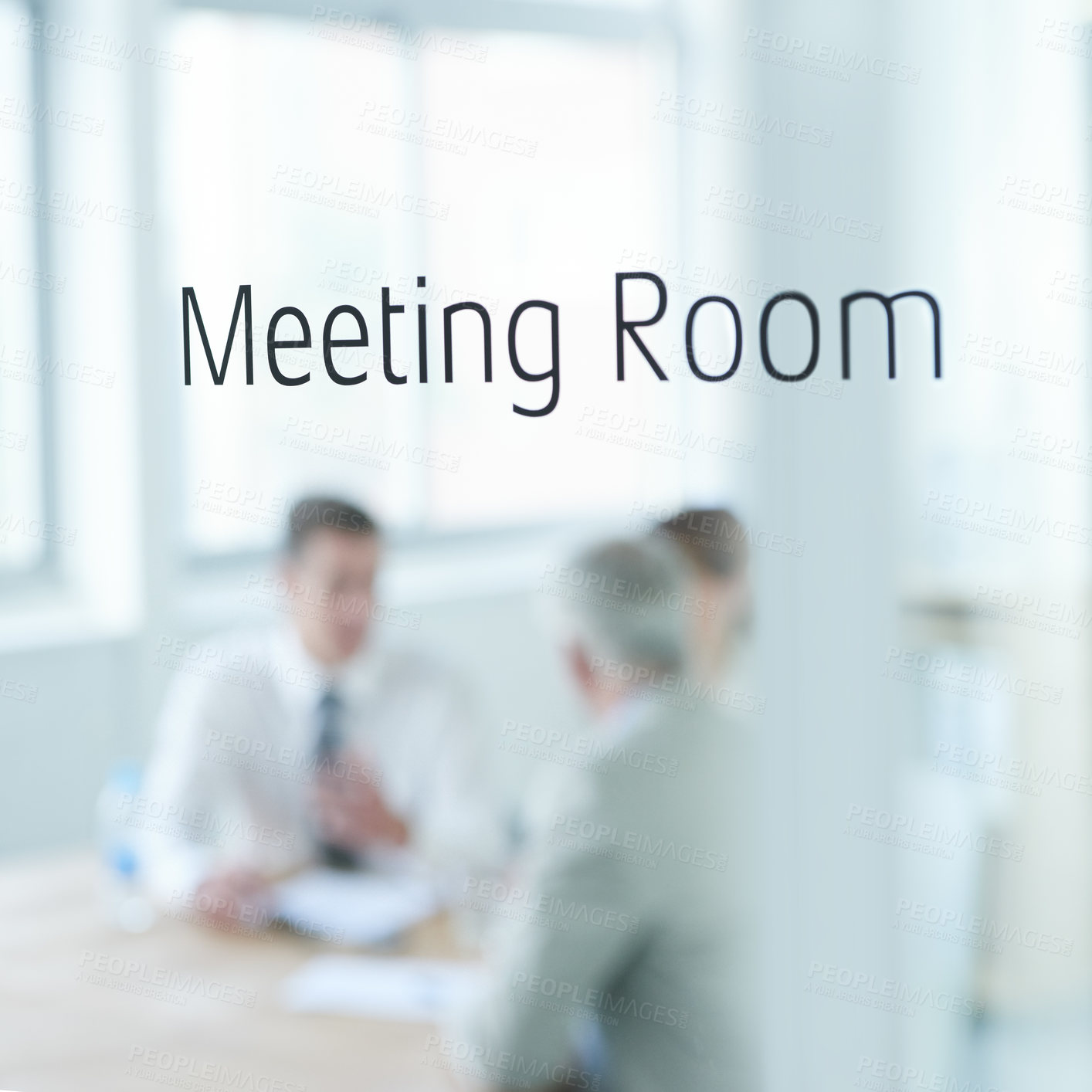 Buy stock photo Business people, glass and meeting room sign for boardroom planning, collaboration or teamwork. Group, blurry or employees with strategy for discussion, conversation or brainstorming at workplace