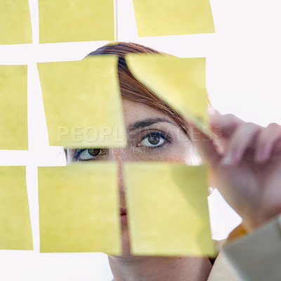 Buy stock photo Employee, sticky notes and glass wall for thinking, planning and vision for logistics and ideas. businesswoman, brainstorming and management for meeting, goal and seo with decisions for marketing