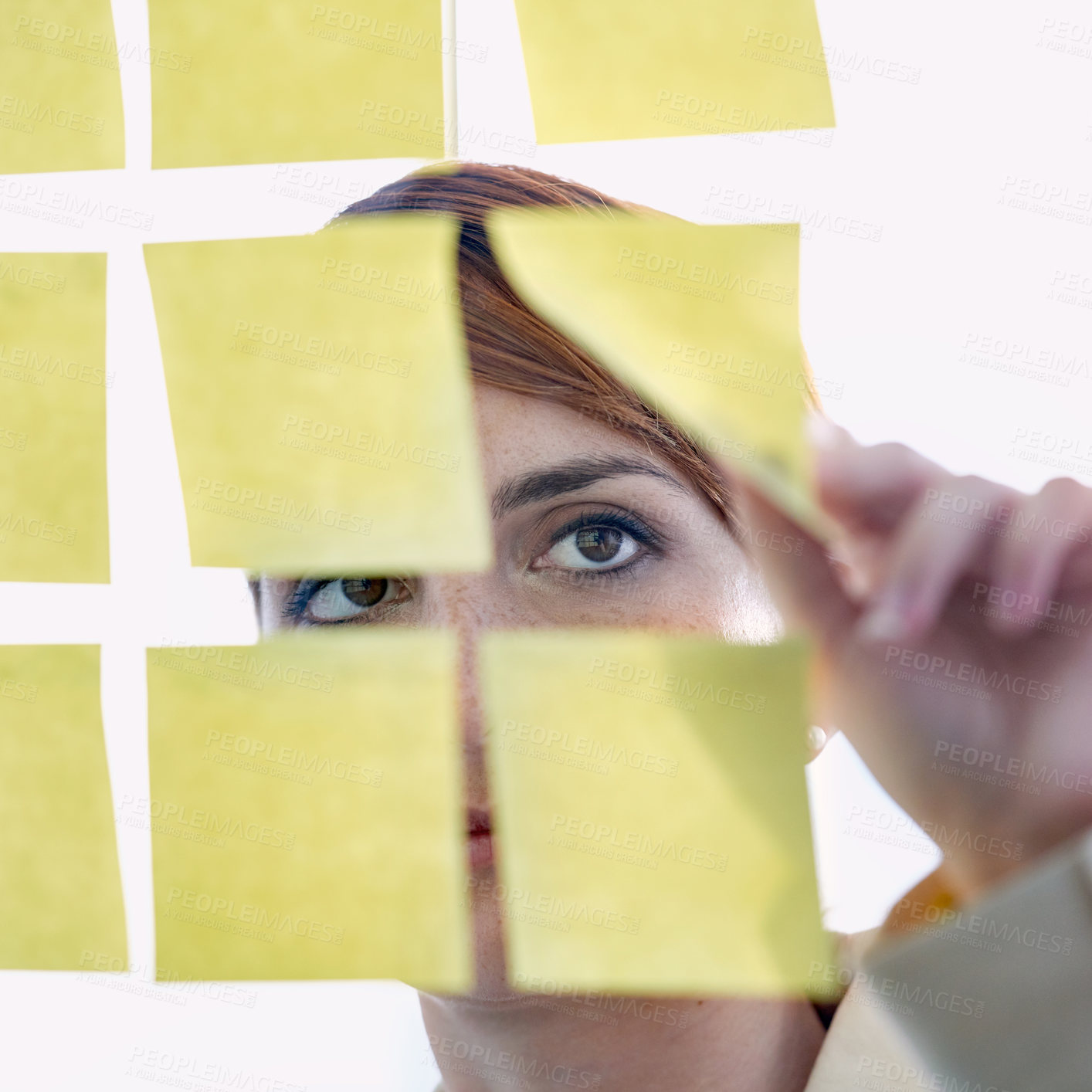 Buy stock photo Employee, sticky notes and glass wall for thinking, planning and vision for logistics and ideas. businesswoman, brainstorming and management for meeting, goal and seo with decisions for marketing