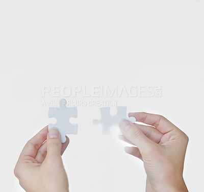 Buy stock photo Puzzle, business and connection for collaboration, trust and teamwork for hope and goals. Hands, partnership and planning for company, solutions and vision for support, idea and investment with sun