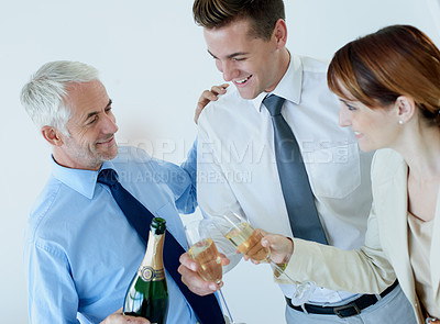 Buy stock photo Champagne, CEO or happy business people in office party in celebration of target or success together. Drinking, pour or toast with team, boss or group of colleagues in workplace for winning or goals