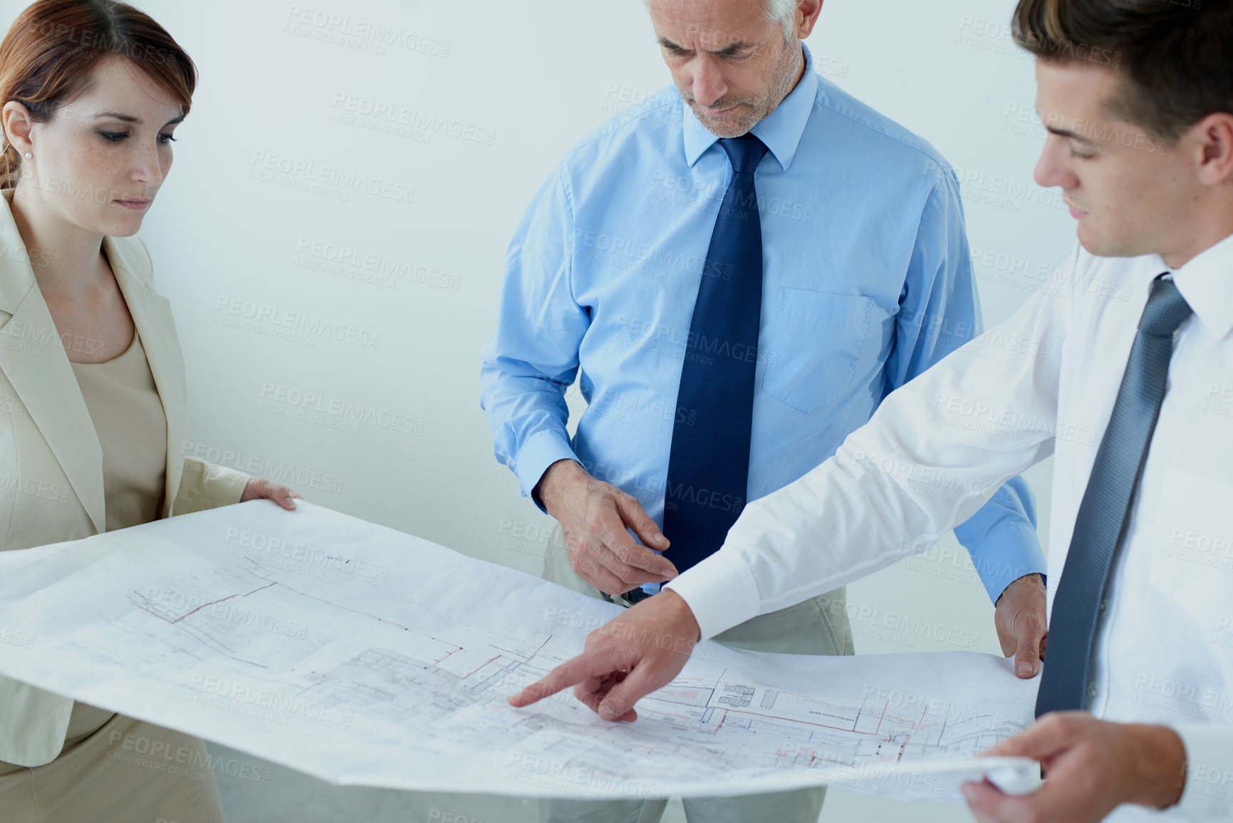 Buy stock photo Blueprint, people or civil engineering team planning project, maintenance or renovation in meeting. Architecture, office building or group of designers with floor plan for property development ideas