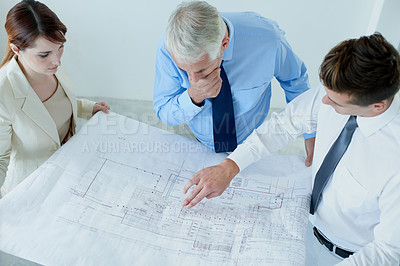 Buy stock photo Blueprint, architecture or top view of team planning project, maintenance or renovation in meeting. Civil engineering, people building or group of designers with floor plan for property development