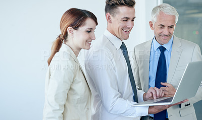 Buy stock photo Business people, laptop and planning for proposal in office, communication and meeting in workplace. Coworkers, collaboration and happy with research on internet, online and teamwork on technology