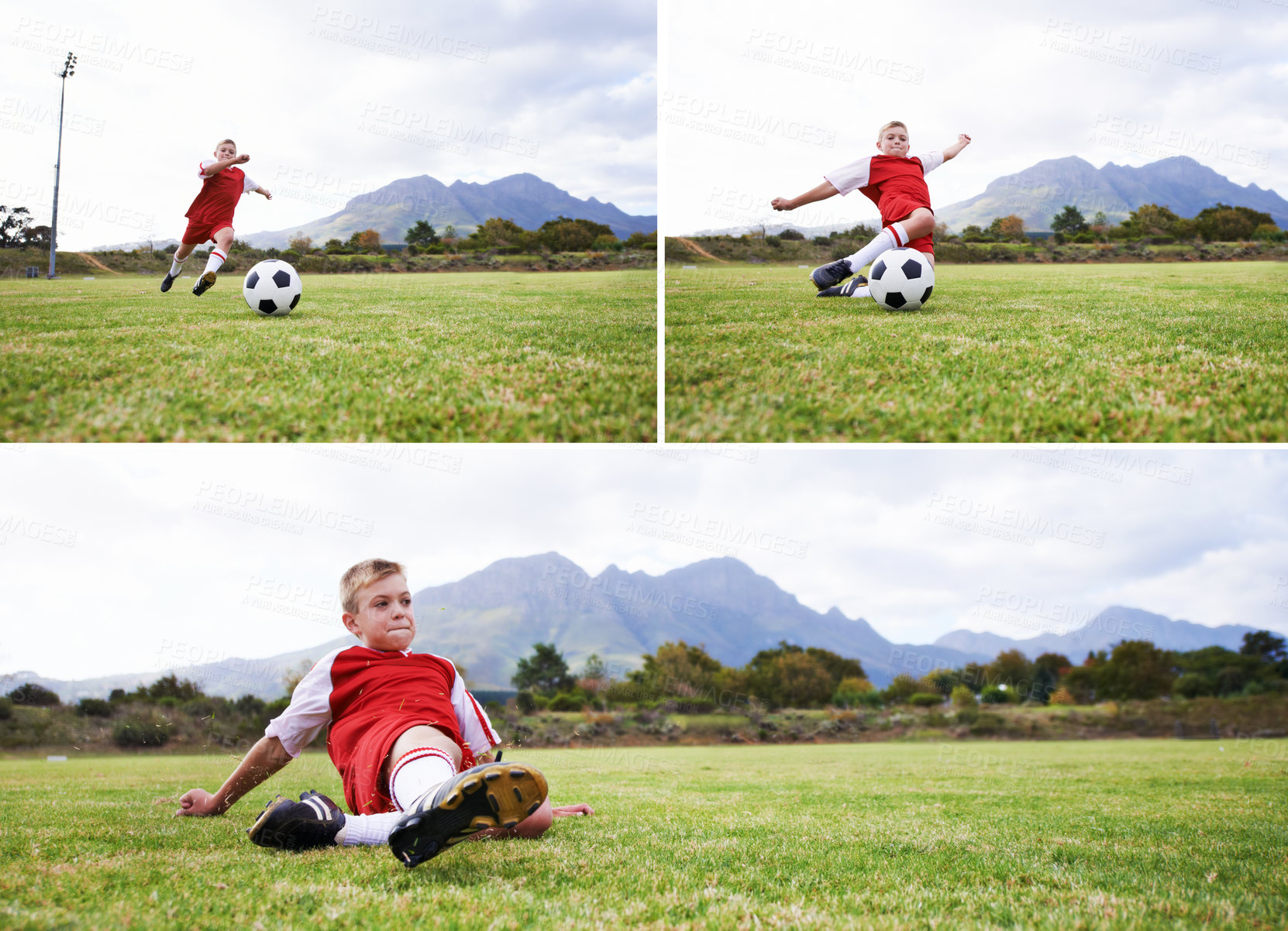 Buy stock photo Happy boy, soccer and collage of slide tackle on green grass or field for outdoor match or game. Male person, child or football player playing with ball for sports or competition on stadium in nature