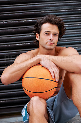 Buy stock photo Basketball player, sports training portrait or fitness man relax, break or wellness after active game development practice. Confident person rest after tournament, outdoor challenge or urban workout 