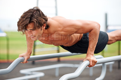 Buy stock photo Push up, outdoor gym and man exercise for muscle growth, active bodybuilding or arm strength development. Fitness commitment, training or determined athlete doing plank workout, challenge or practice