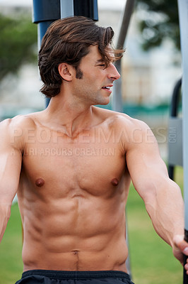Buy stock photo Man, outside and topless in park for workout with confidence for exercise with health for training. Male person, outdoor gym and healthy with athlete for positivity with cardio, muscle and fitness