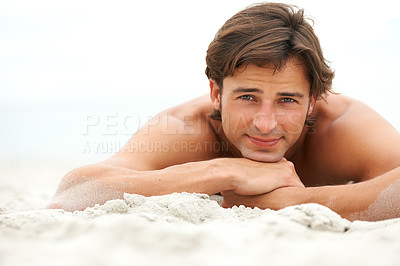Buy stock photo Man, portrait or ocean sand for relax holiday summer break, vacation fun or sea smile. Male person, happy or peace at beach for fresh air tourism or travel destination, confident or tropical sunshine