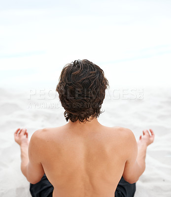 Buy stock photo Man, lotus and beach back view on sand for meditation, zen peace or spiritual practice. Male person, fingers and ocean for holistic balance or growth reflection, mind thinking chakra or calm healing