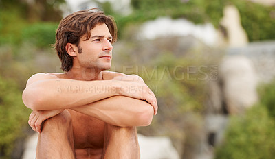 Buy stock photo Man, beach and relax thinking for summer vacation plans, sunshine holiday or tropical destination. Male person, calm face or outdoor view for sea salt hair or lazy weekend, fresh air or think horizon
