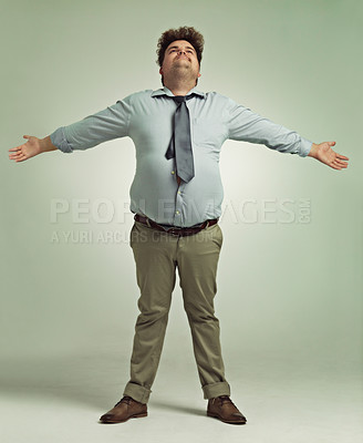 Buy stock photo Studio, happiness and man with arms for freedom in background, positive and joy of living life. Plus size, adult and male person with confidence, pride and professional with suit and guy with smile