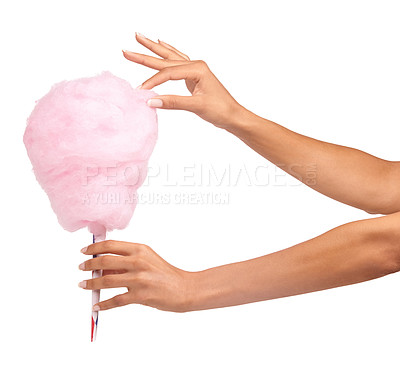 Buy stock photo Cotton candy, closeup and woman hands isolated on a white background for sweets, pink food and holiday treat. Person hand holding soft, color cone for youth party, childhood and festival in studio