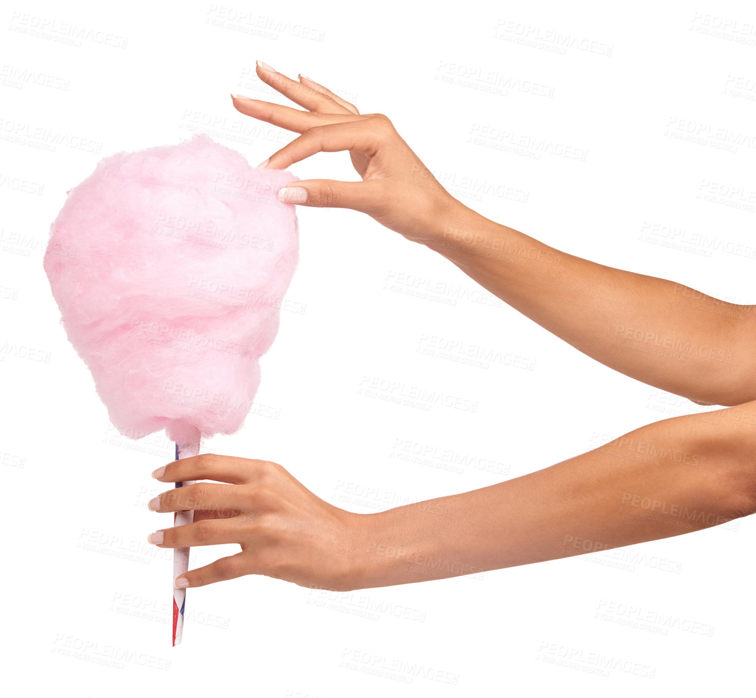 Buy stock photo Cotton candy, closeup and woman hands isolated on a white background for sweets, pink food and holiday treat. Person hand holding soft, color cone for youth party, childhood and festival in studio